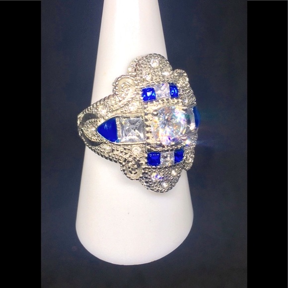 Art Deco Beautiful Vintage Style Blue & White Sapphire Stamped Ring - Picture 7 of 8